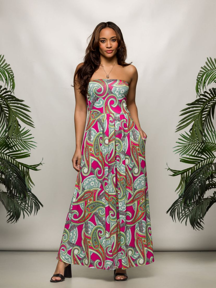 Womens Pink Paisley A Line Strapless Maxi Dress With Pockets