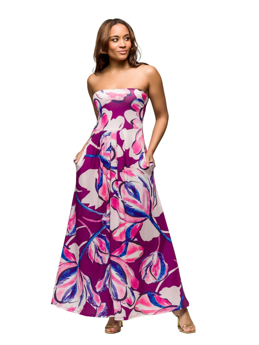 Womens Purple Floral A Line Strapless Maxi Dress With Pockets