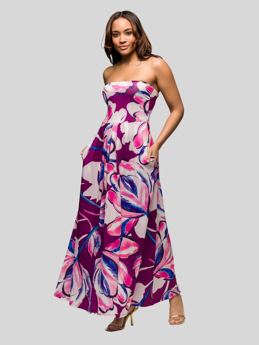 Womens Purple Floral A Line Strapless Maxi Dress With Pockets