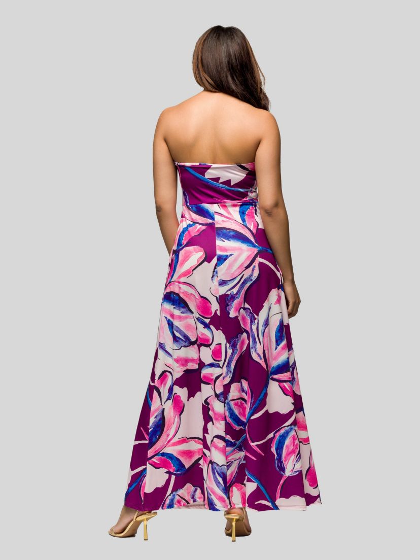 Womens Purple Floral A Line Strapless Maxi Dress With Pockets
