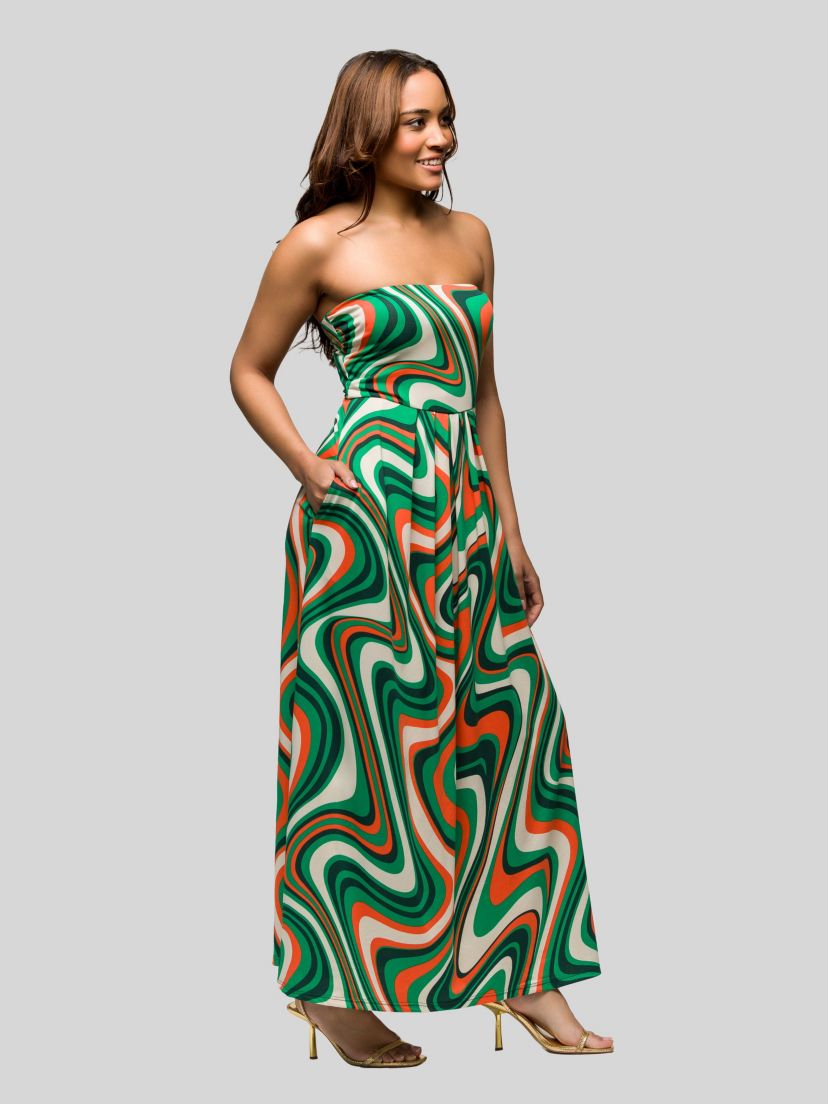 Womens Green Print A Line Strapless Maxi Dress With Pockets