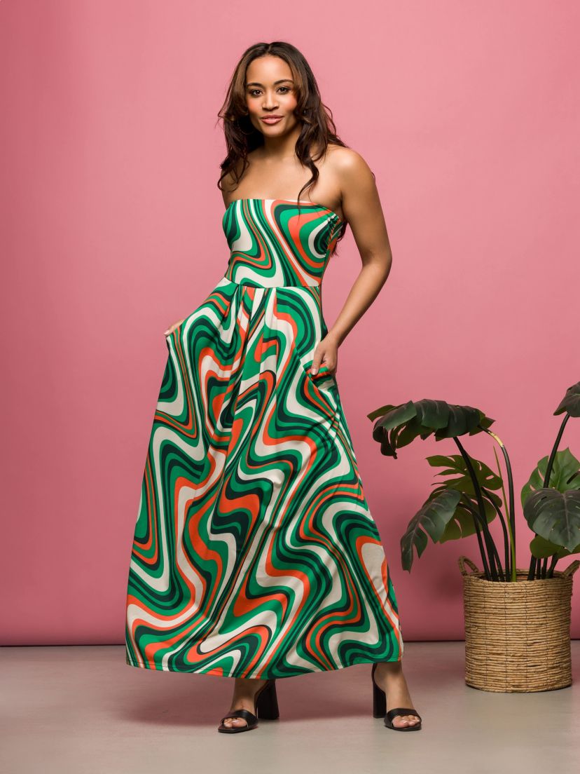 Womens Green Print A Line Strapless Maxi Dress With Pockets