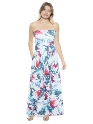 24seven Comfort Apparel Womens Butterfly A Line Strapless Pocket Maxi Dress