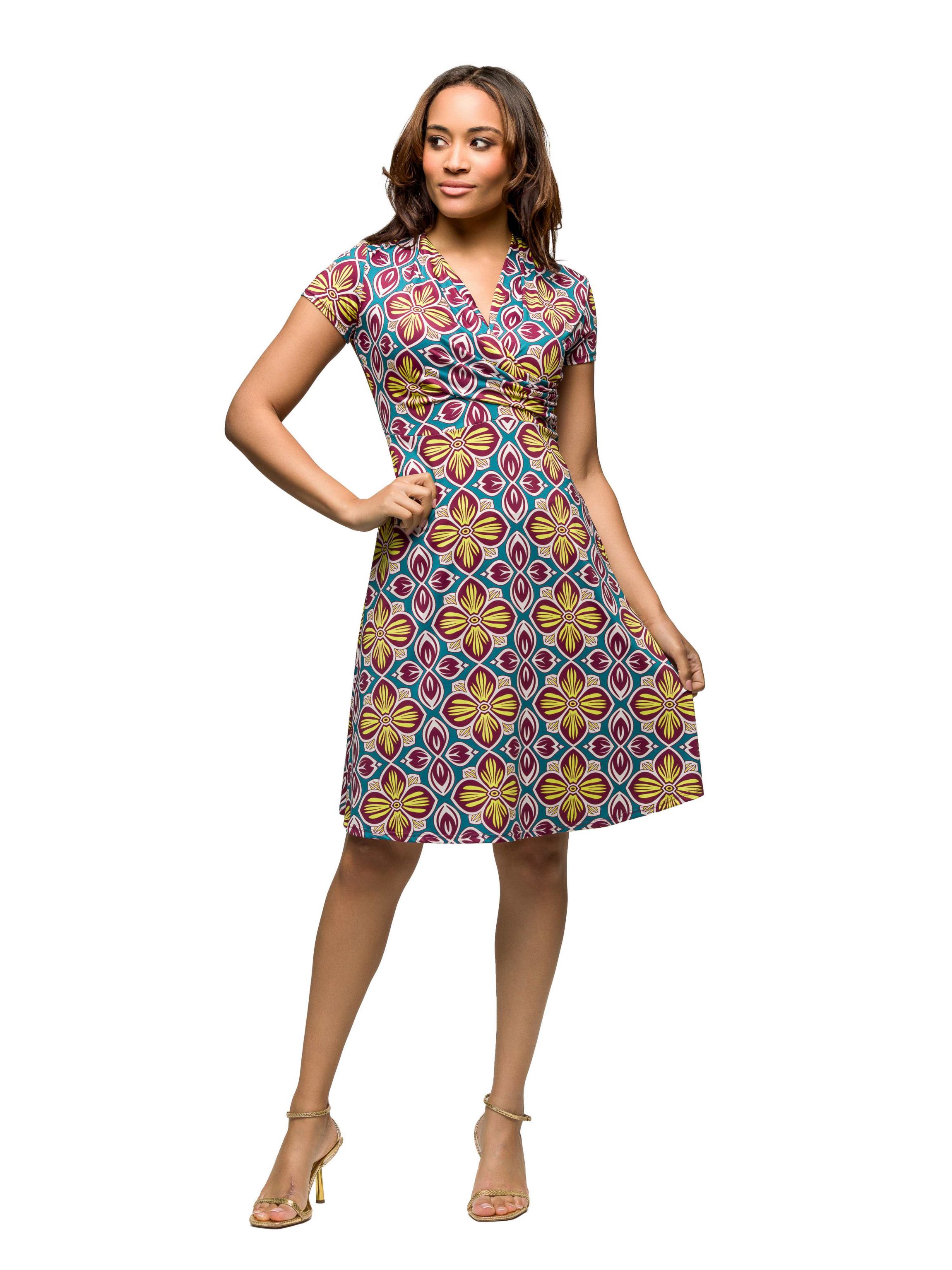 Womens Floral Print Short Sleeve Knee Length V Neck Wrap Dress
