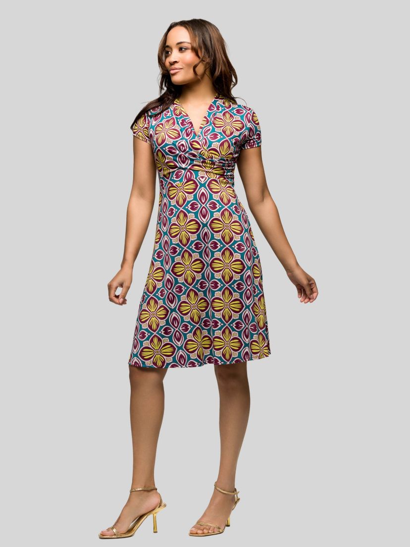 Womens Floral Print Short Sleeve Knee Length V Neck Wrap Dress