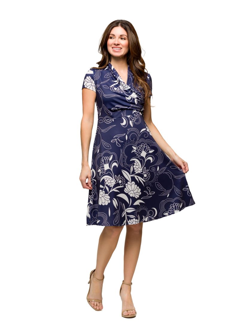 Womens Navy Print Short Sleeve Knee Length V Neck Wrap Dress