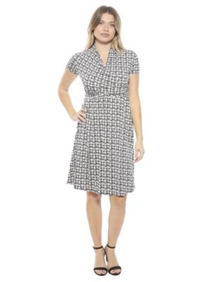 24seven Comfort Apparel Womens Geometric V Neck Short Sleeve Faux Wrap Knee Length A Line Dress