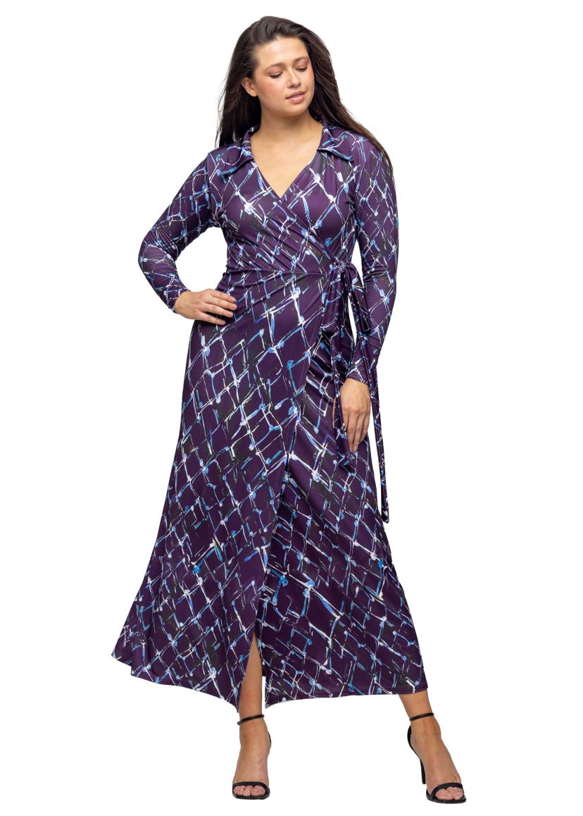 Womens Purple Print Collared Wrap Maxi Dress