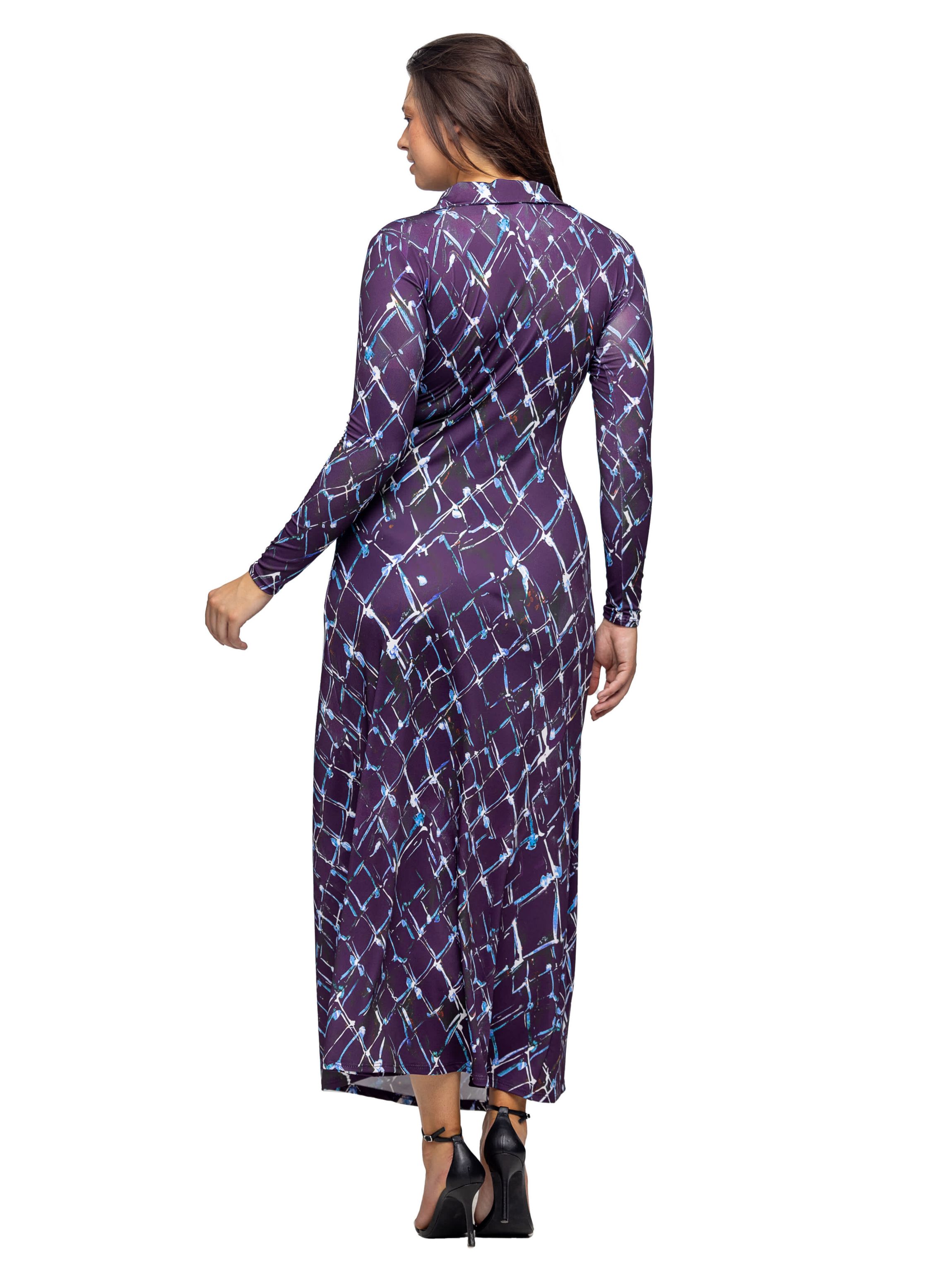 Womens Purple Print Collared Wrap Maxi Dress