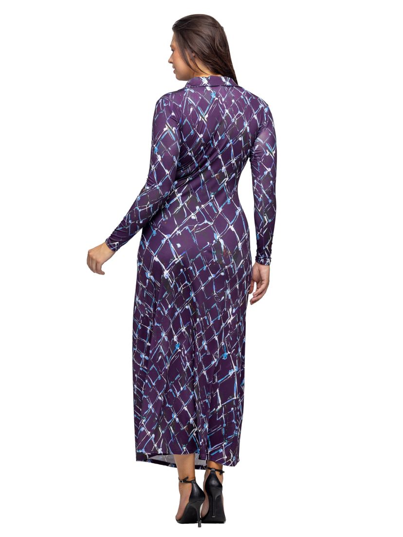 Womens Purple Print Collared Wrap Maxi Dress