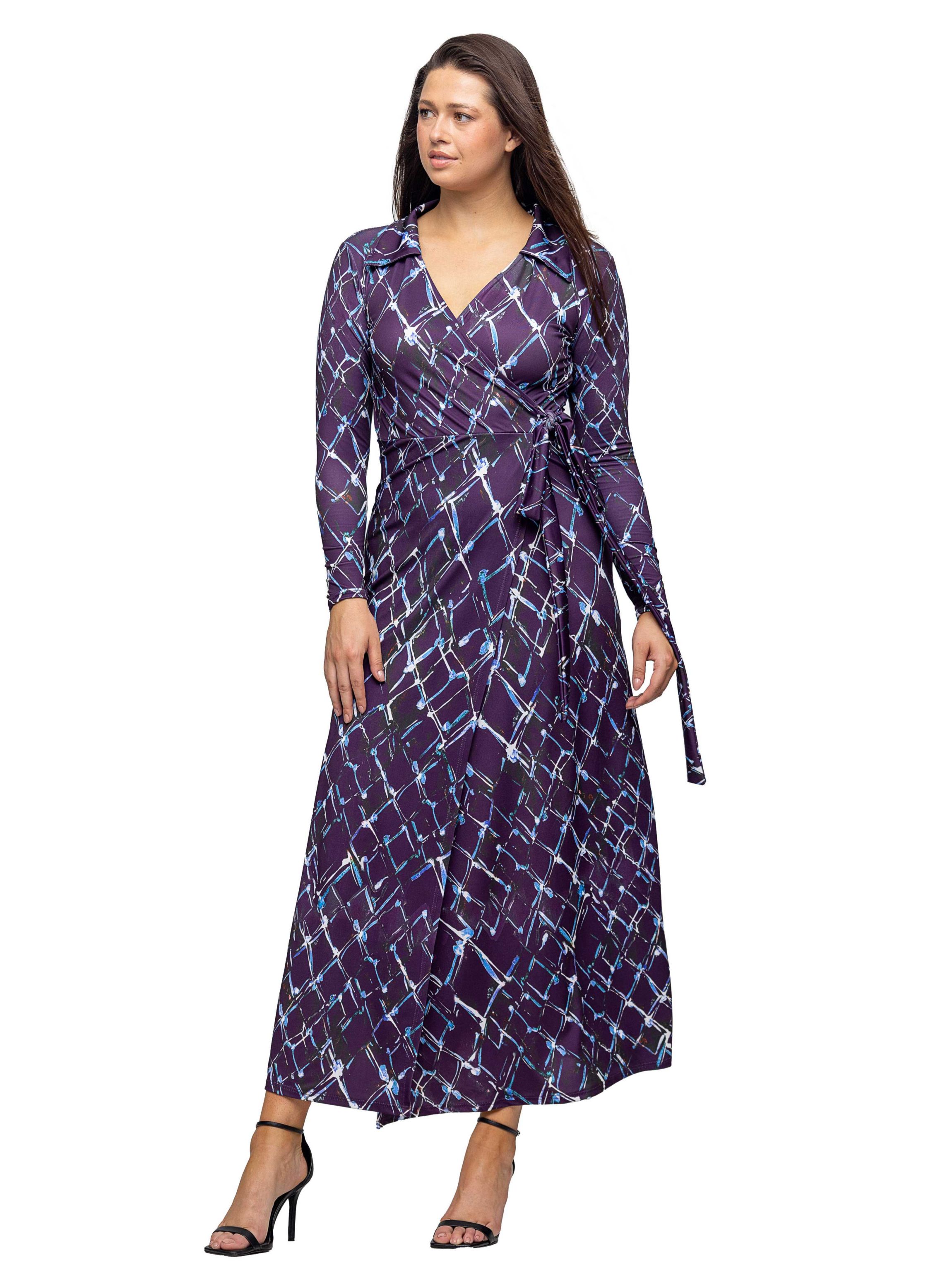 Womens Purple Print Collared Wrap Maxi Dress