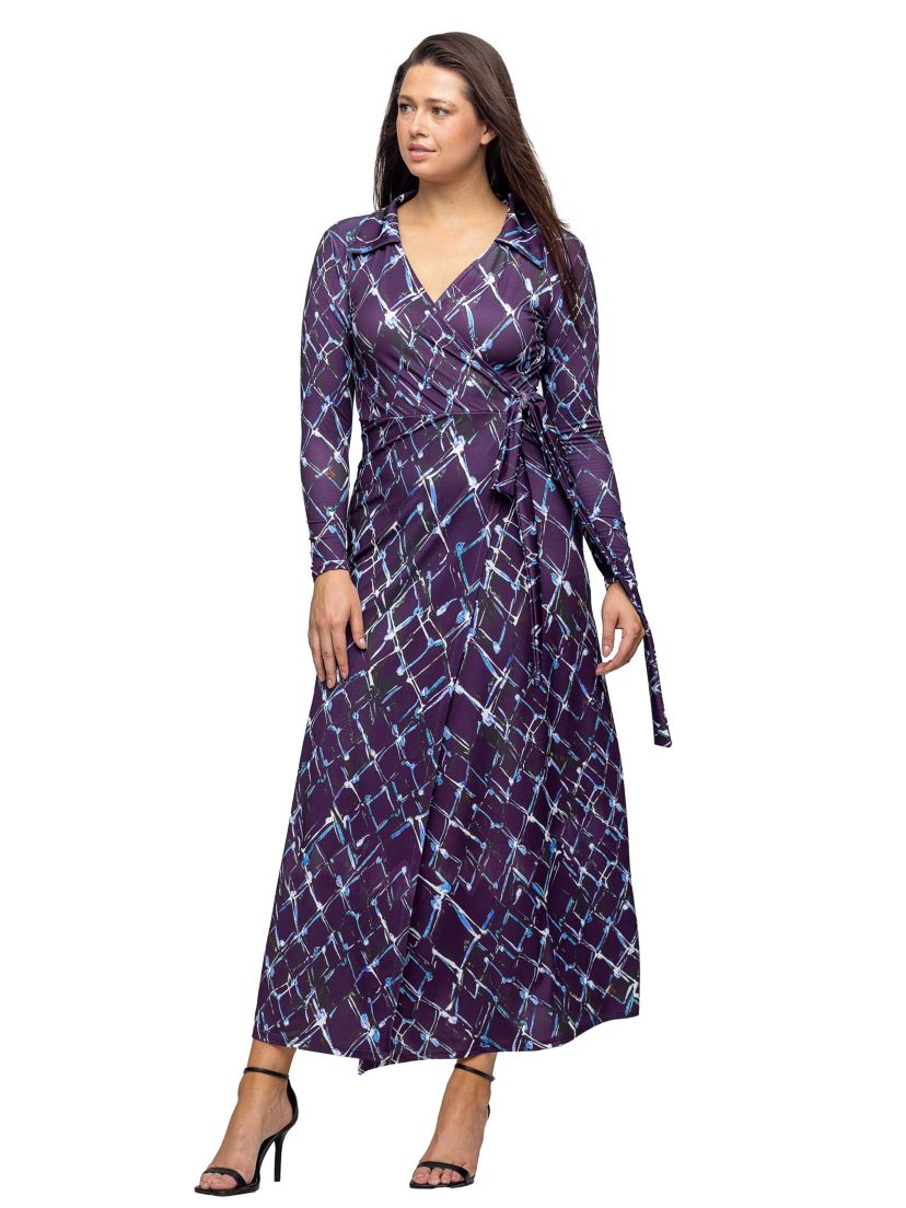 Womens Purple Print Collared Wrap Maxi Dress