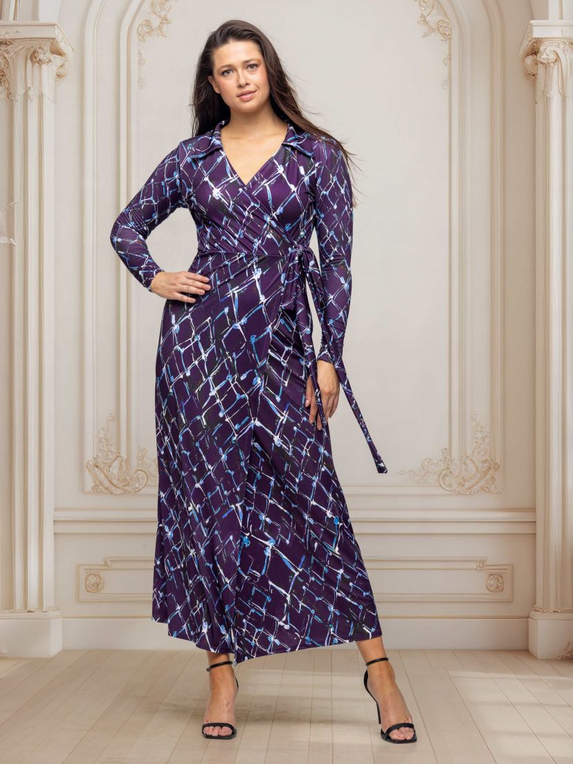 Womens Purple Print Collared Wrap Maxi Dress