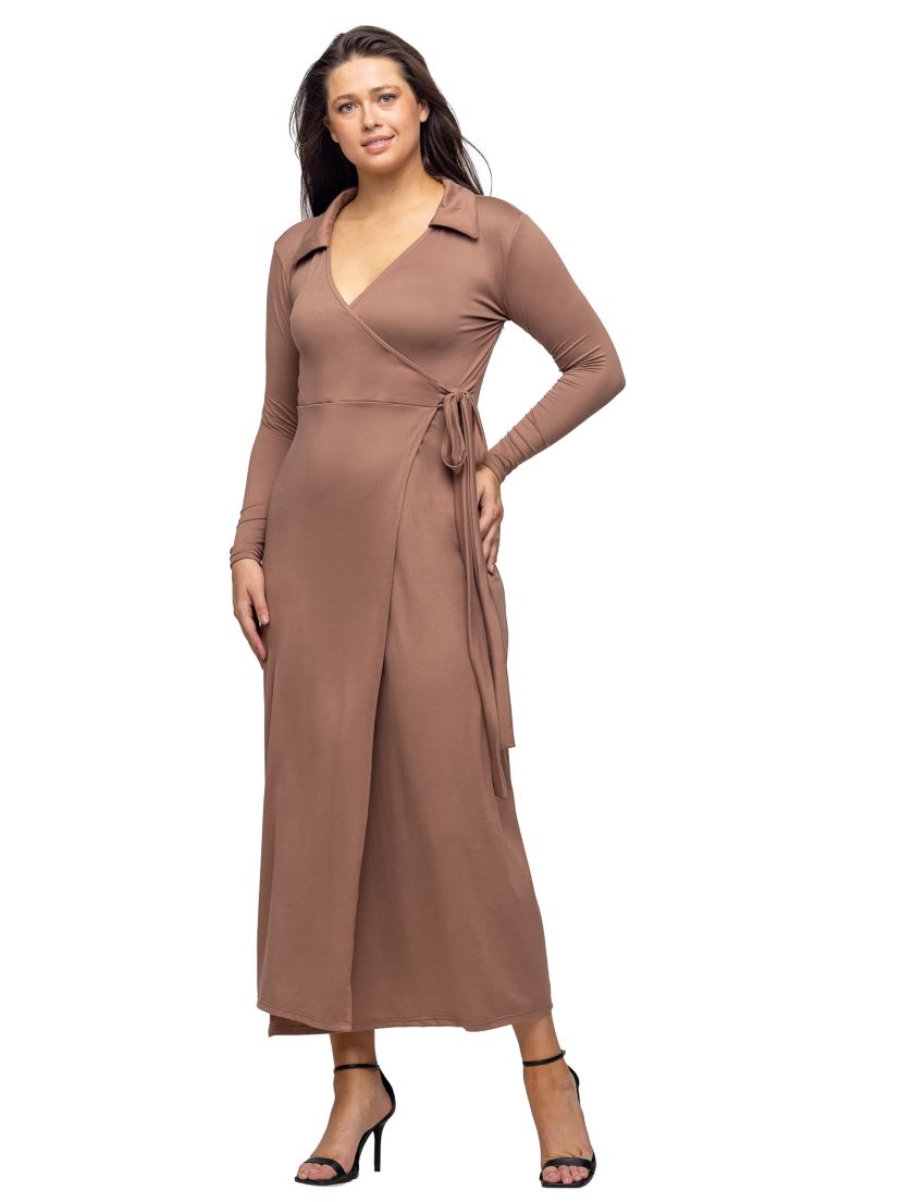 Womens Comfortable Collared Wrap Maxi Dress