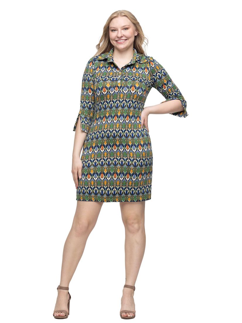 Womens Green Geometric Print Three Quarter Sleeve Collar Mini Dress