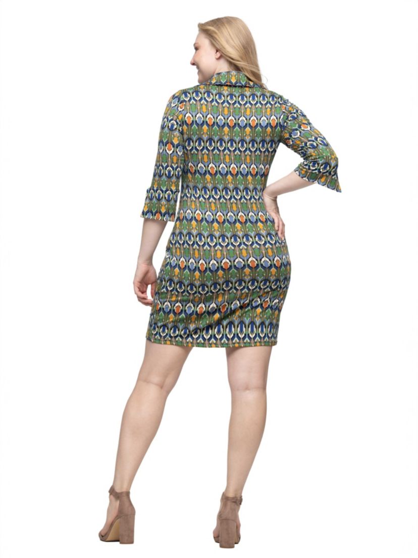 Womens Green Geometric Print Three Quarter Sleeve Collar Mini Dress