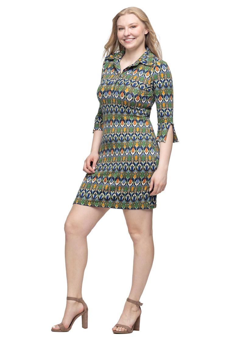 Womens Green Geometric Print Three Quarter Sleeve Collar Mini Dress