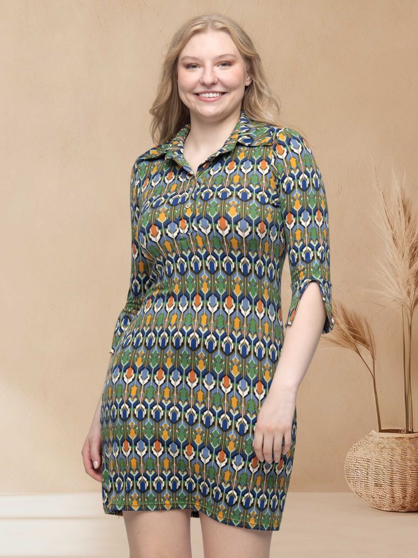 Womens Green Geometric Print Three Quarter Sleeve Collar Mini Dress