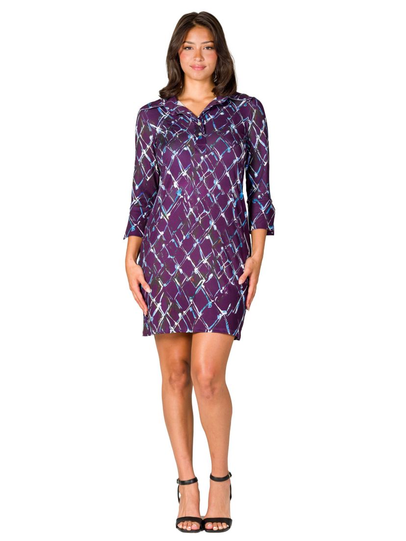 Womens Purple Geometric Print Three Quarter Sleeve Collar Mini Dress