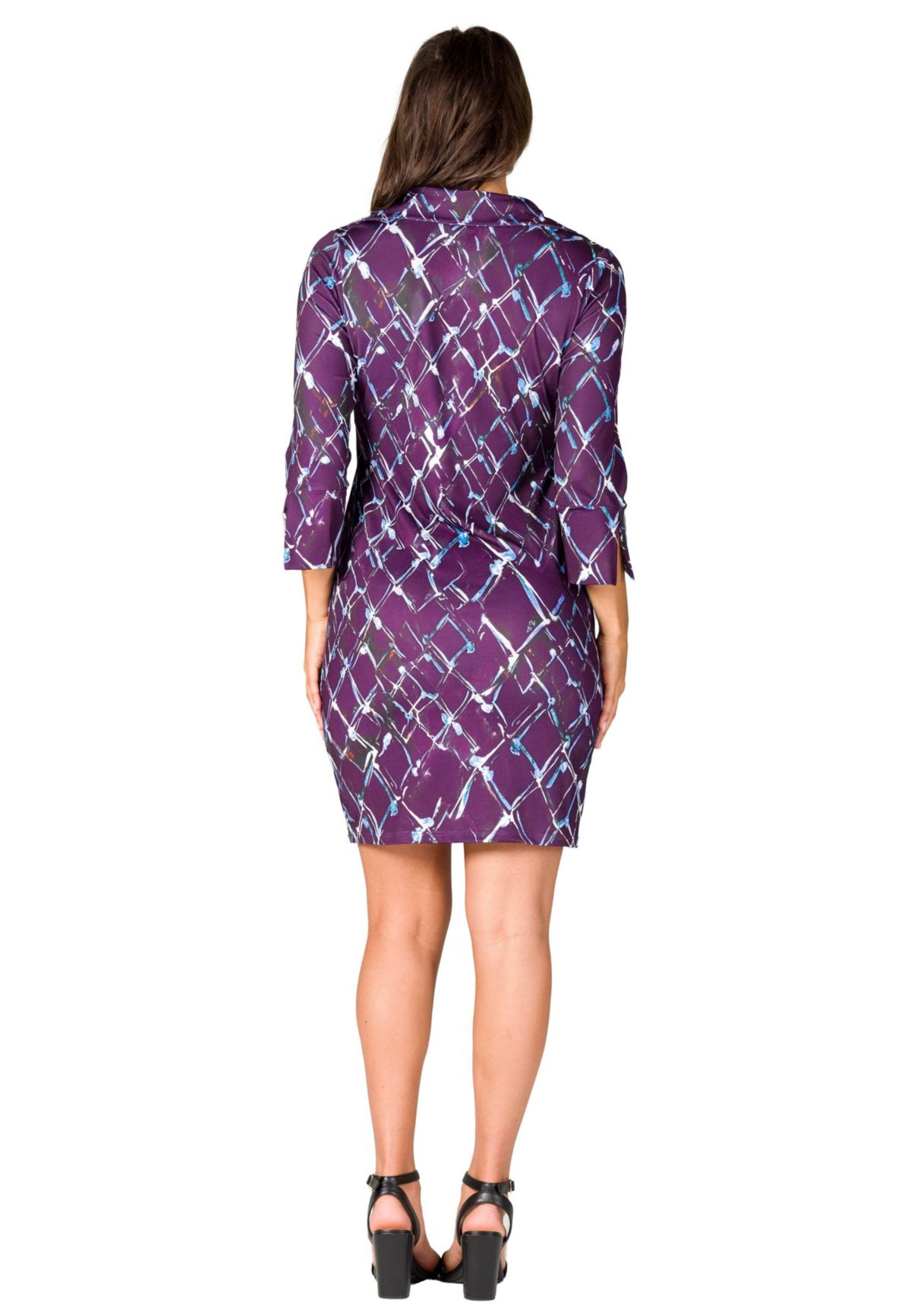 Womens Purple Geometric Print Three Quarter Sleeve Collar Mini Dress