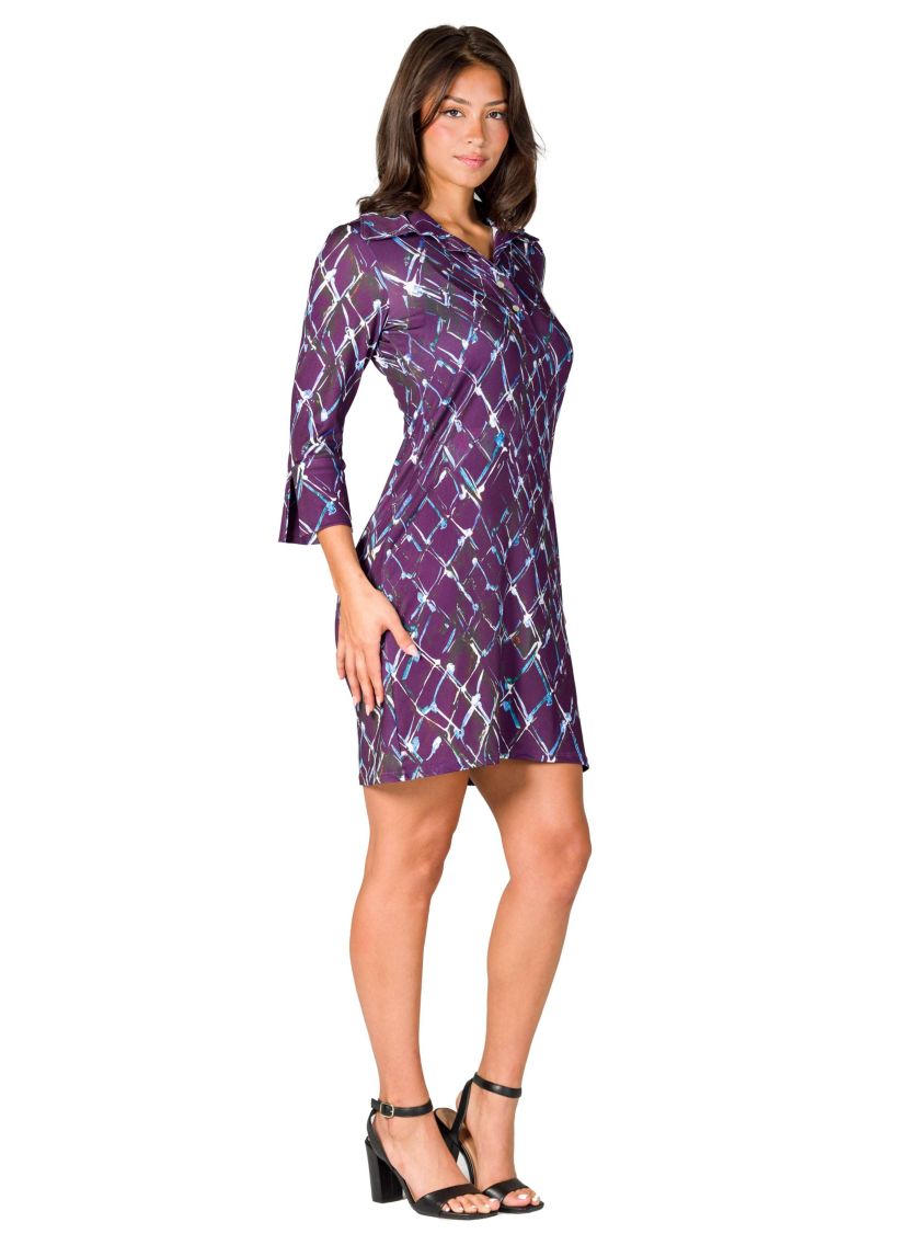 Womens Purple Geometric Print Three Quarter Sleeve Collar Mini Dress