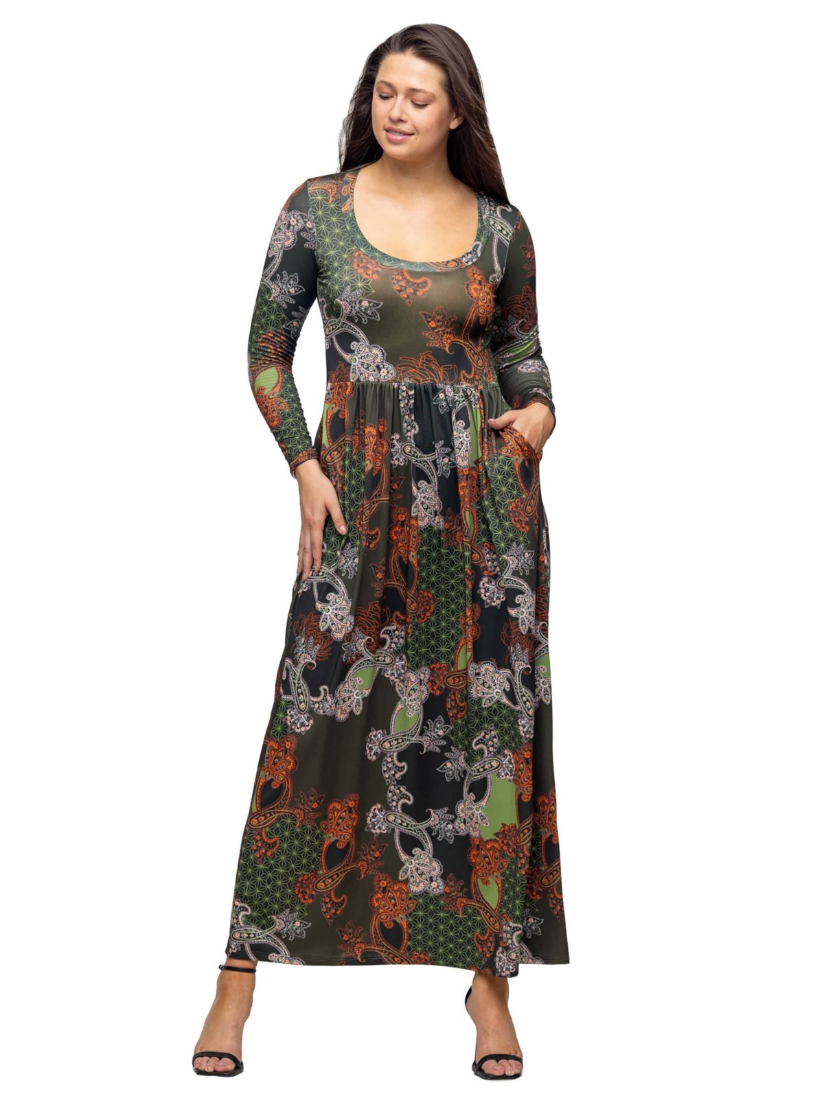 Womens Green Long Sleeve Empire Waist Pocket Maxi Dress