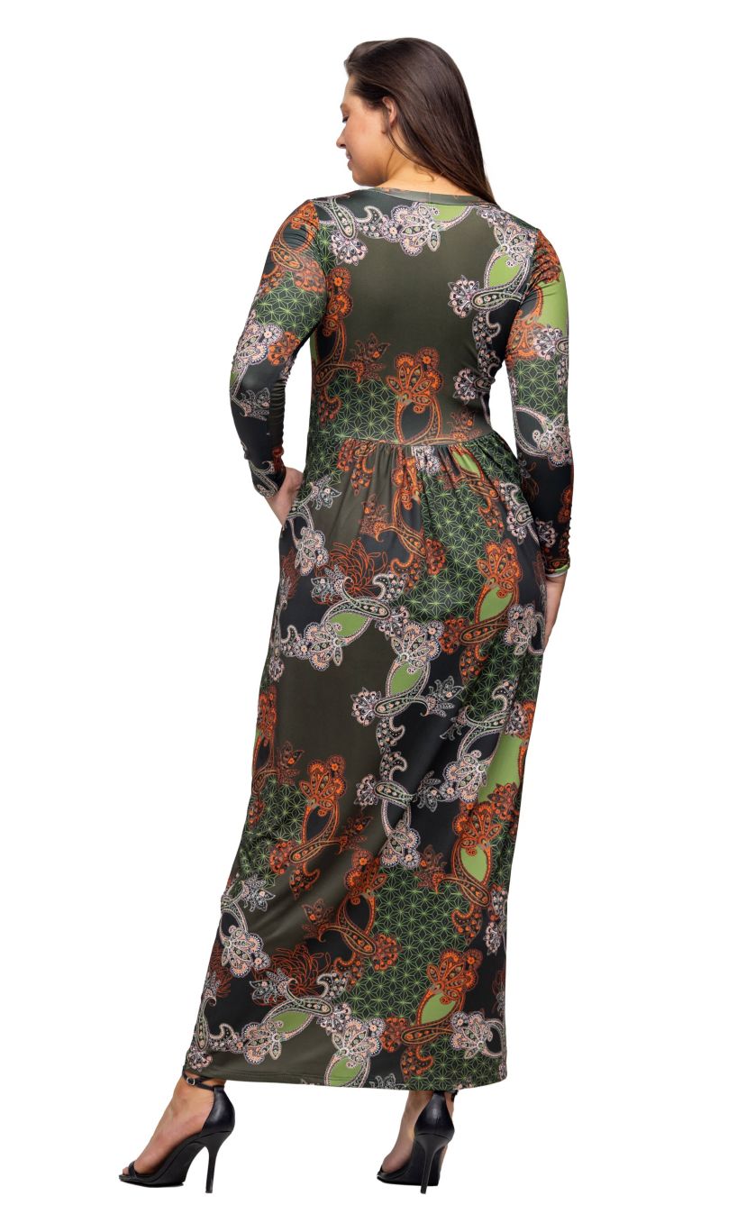 Womens Green Long Sleeve Empire Waist Pocket Maxi Dress