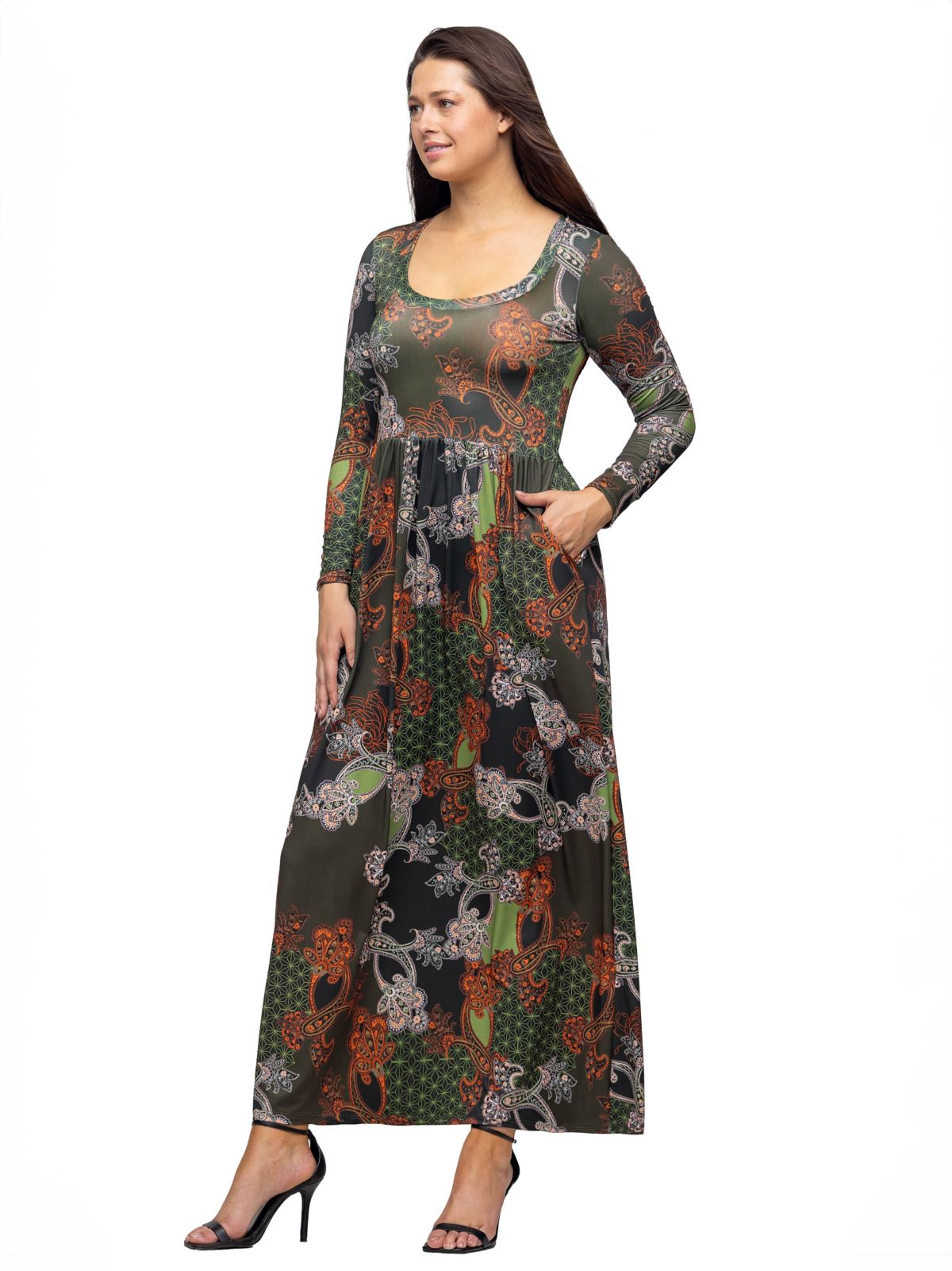 Womens Green Long Sleeve Empire Waist Pocket Maxi Dress