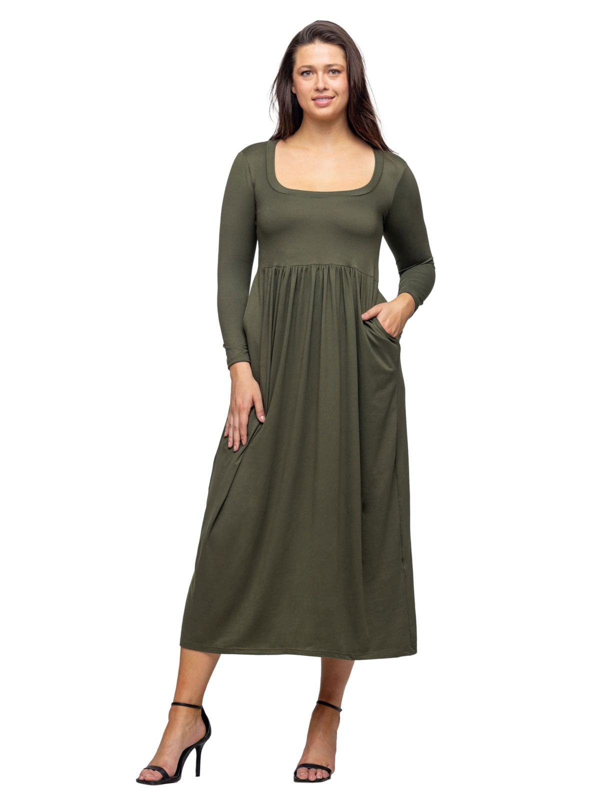 Womens Long Sleeve Empire Waist Pocket Maxi Dress