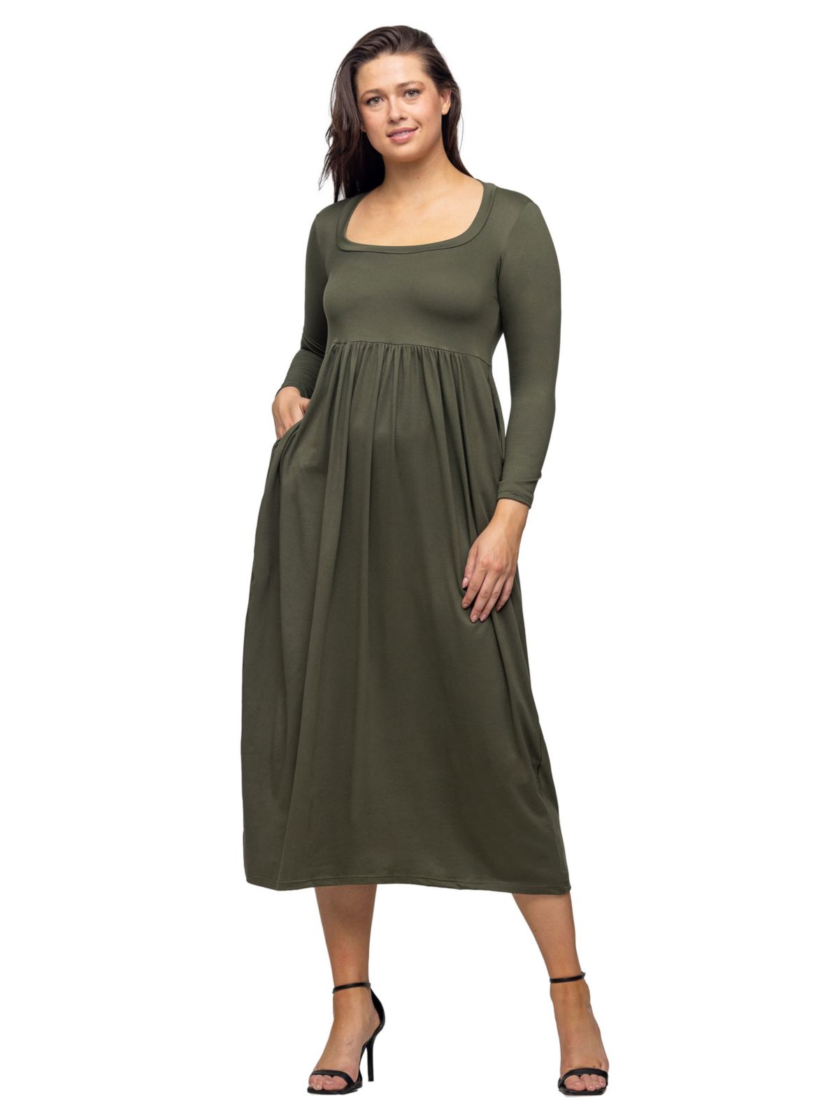 Womens Long Sleeve Empire Waist Pocket Maxi Dress