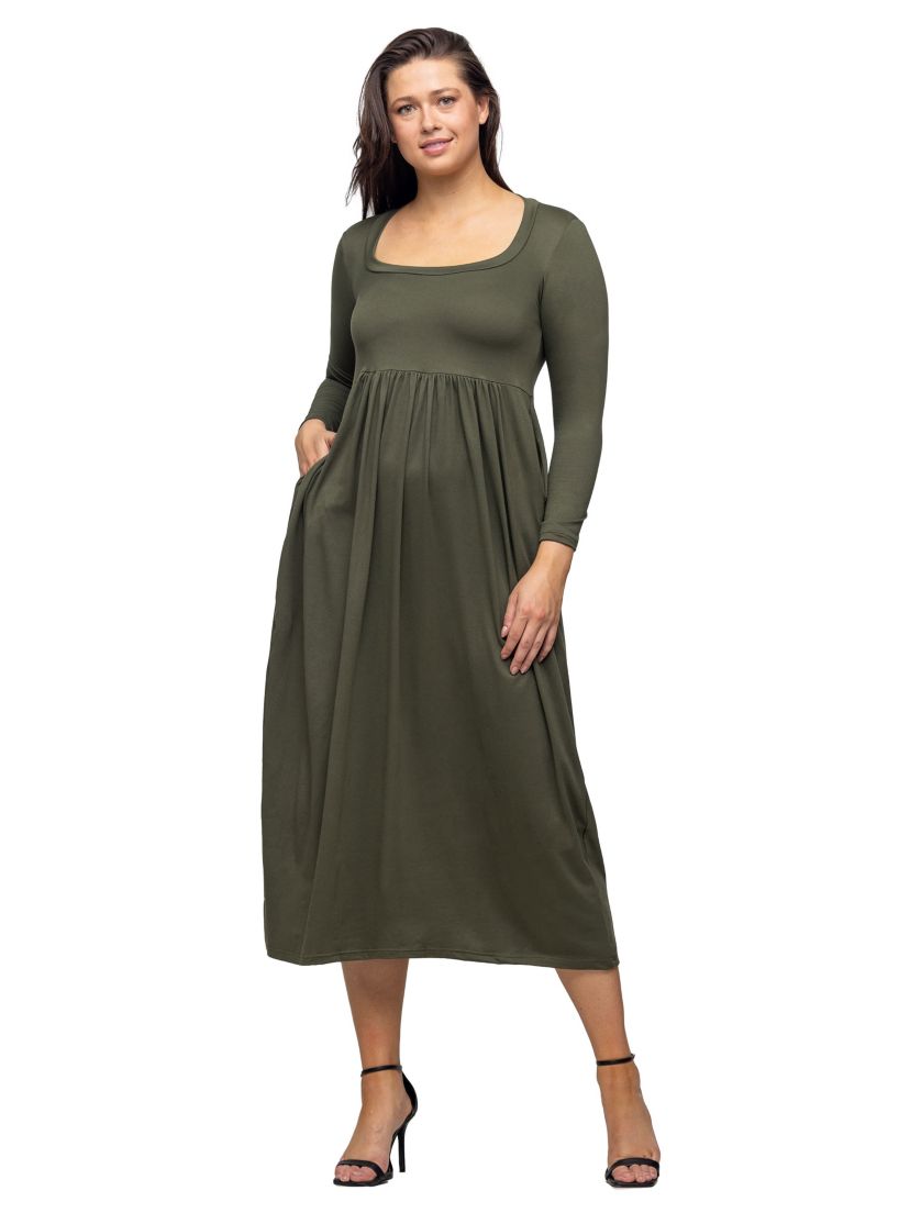 Womens Long Sleeve Empire Waist Pocket Maxi Dress