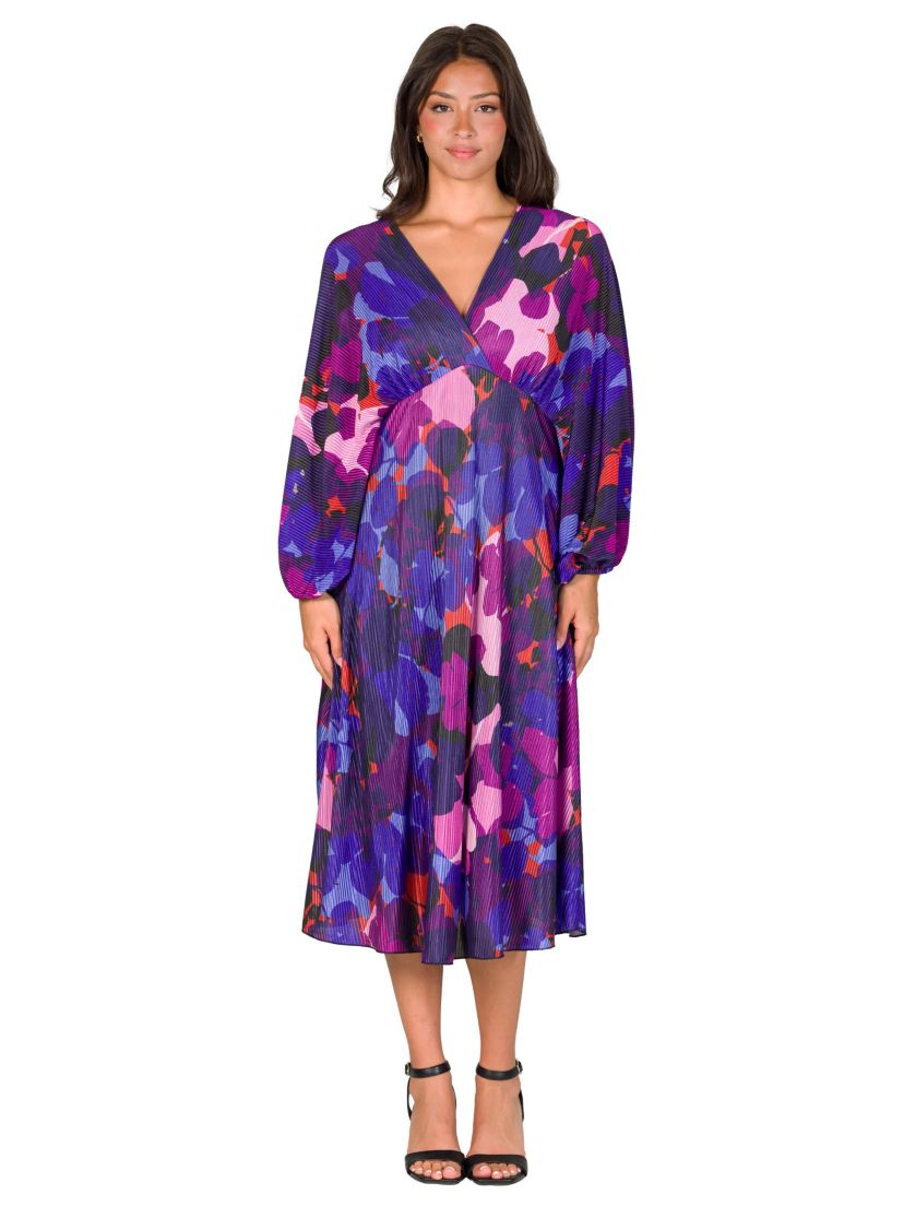 Womens Multicolor Pleated V Neck Empire Waist Bishop Sleeve Midi Dress