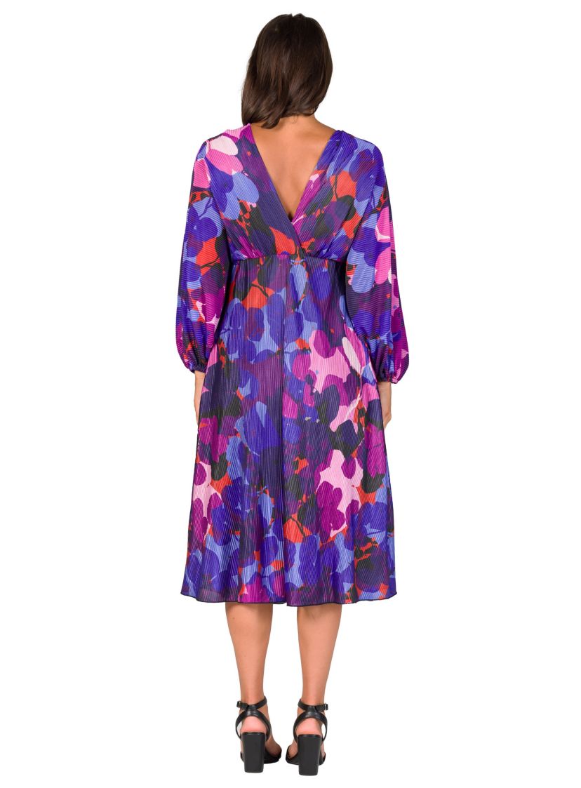 Womens Multicolor Pleated V Neck Empire Waist Bishop Sleeve Midi Dress