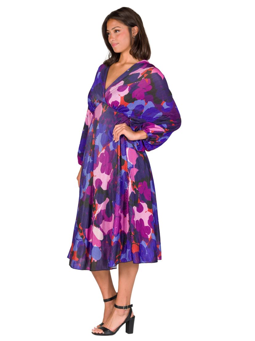 Womens Multicolor Pleated V Neck Empire Waist Bishop Sleeve Midi Dress