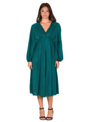 24seven Comfort Apparel Womens Shimmer Pleated V Neck Empire Waist Bishop Sleeve Midi Dress