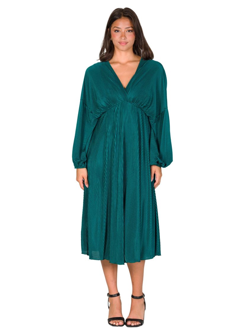 Womens Shimmer Pleated V Neck Empire Waist Bishop Sleeve Midi Dress