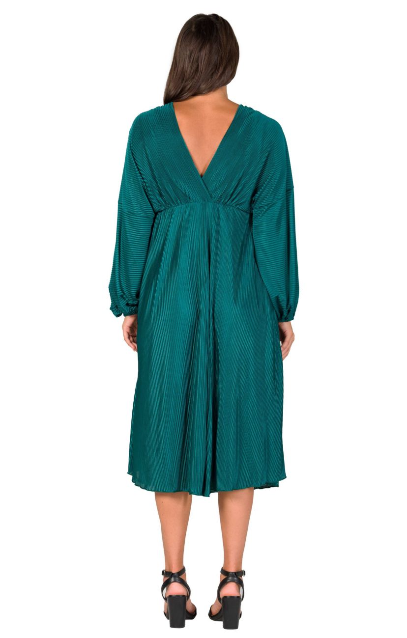 Womens Shimmer Pleated V Neck Empire Waist Bishop Sleeve Midi Dress