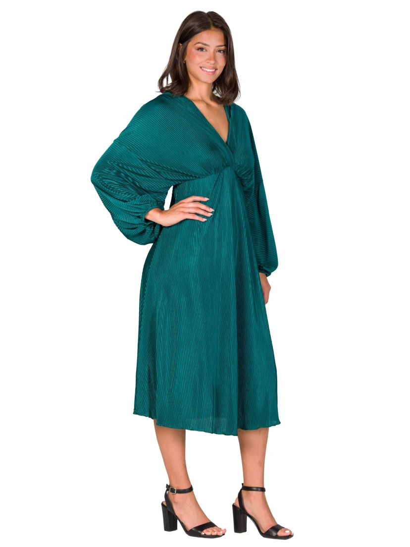 Womens Shimmer Pleated V Neck Empire Waist Bishop Sleeve Midi Dress
