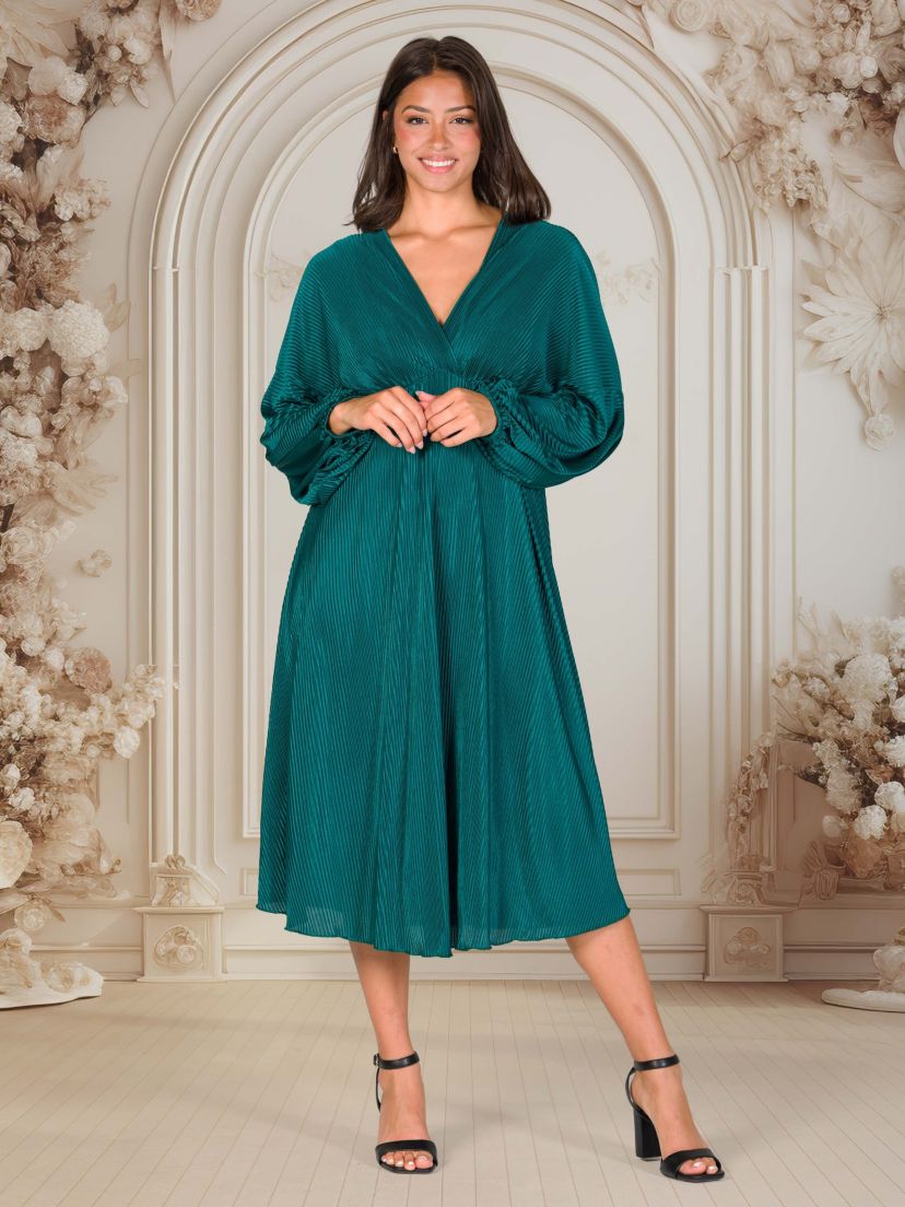 Womens Shimmer Pleated V Neck Empire Waist Bishop Sleeve Midi Dress