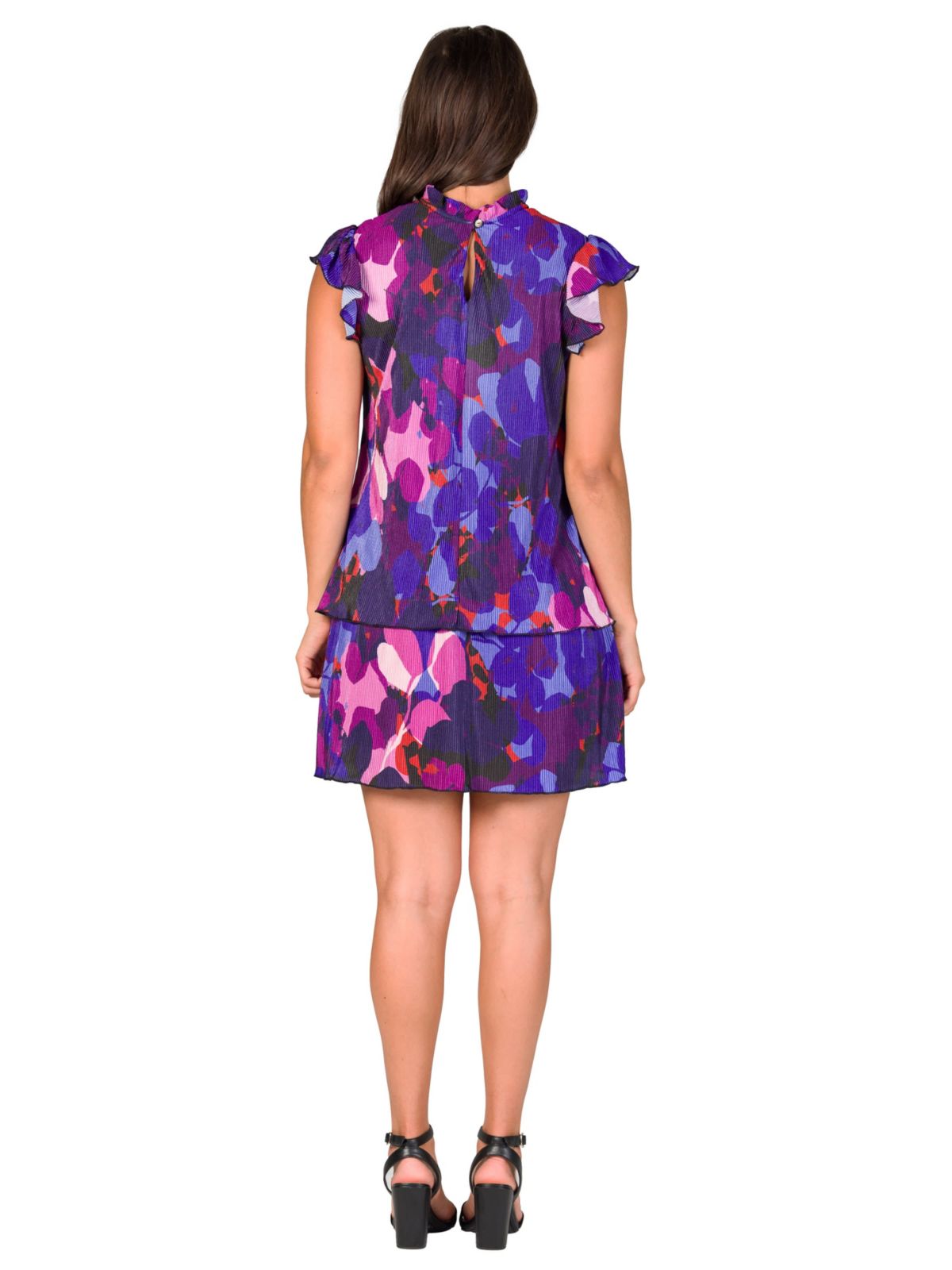 Womens Multicolor Ruffle Cap Sleeve High Neck Tiered Mini Dress
