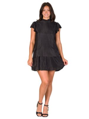 24seven Comfort Apparel Womens Ruffle Cap Sleeve High Neck Pleated Tiered Mini Dress