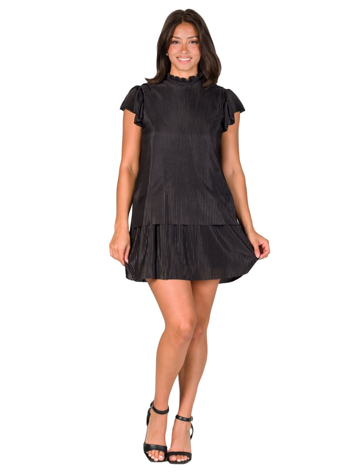 Womens Ruffle Cap Sleeve High Neck Pleated Tiered Mini Dress