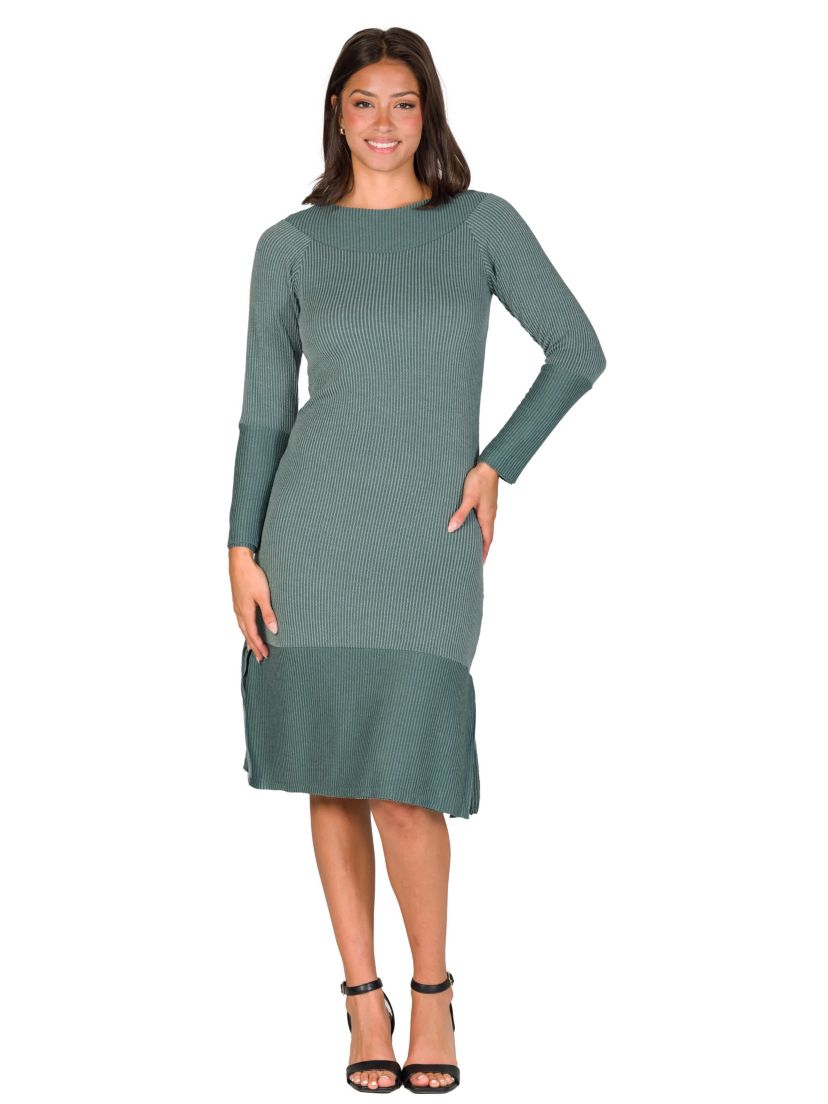 Womens Ribbed Knit Long Sleeve Split Hem Sweater Dress