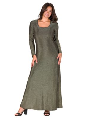 24seven Comfort Apparel Womens Long Sleeve Scoop Neck Shimmery Fabric Maxi Dress