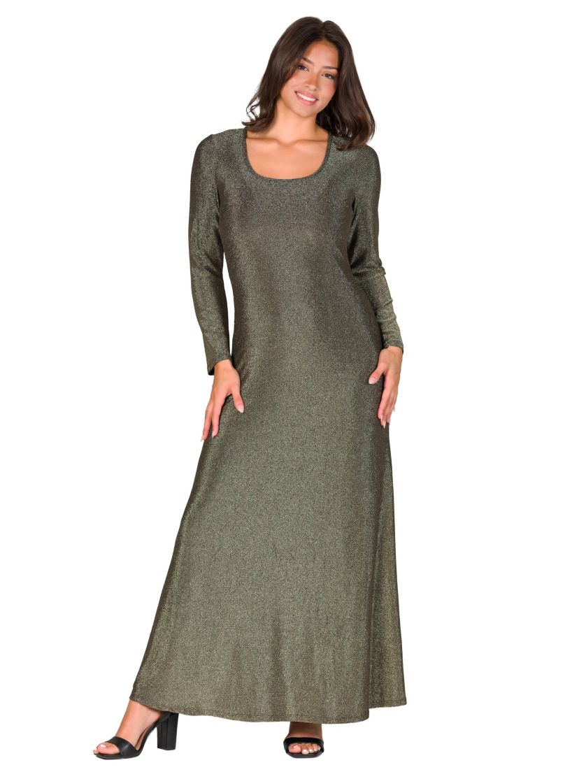 Womens Long Sleeve Scoop Neck Shimmery Fabric Maxi Dress
