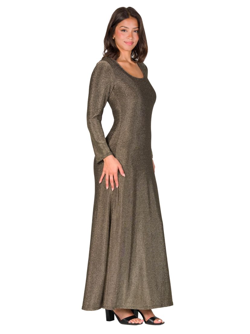 Womens Long Sleeve Scoop Neck Shimmery Fabric Maxi Dress