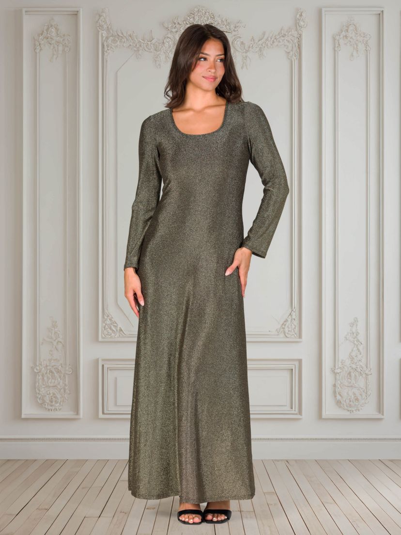 Womens Long Sleeve Scoop Neck Shimmery Fabric Maxi Dress