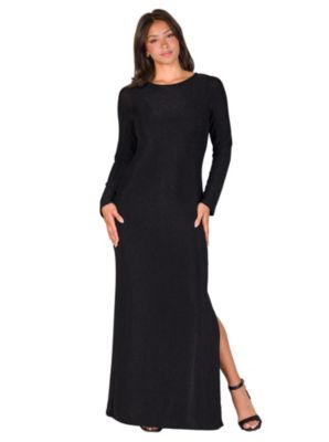 24seven Comfort Apparel Womens Fitted Long Sleeve Shimmery Fabric Side Slit Maxi Dress