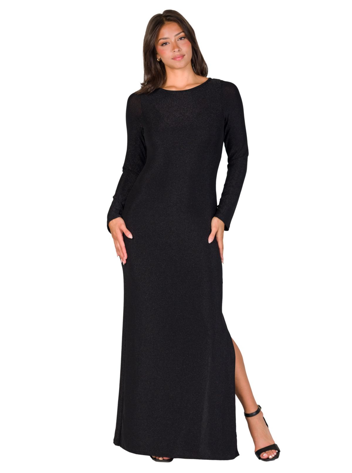 Womens Fitted Long Sleeve Shimmery Fabric Side Slit Maxi Dress