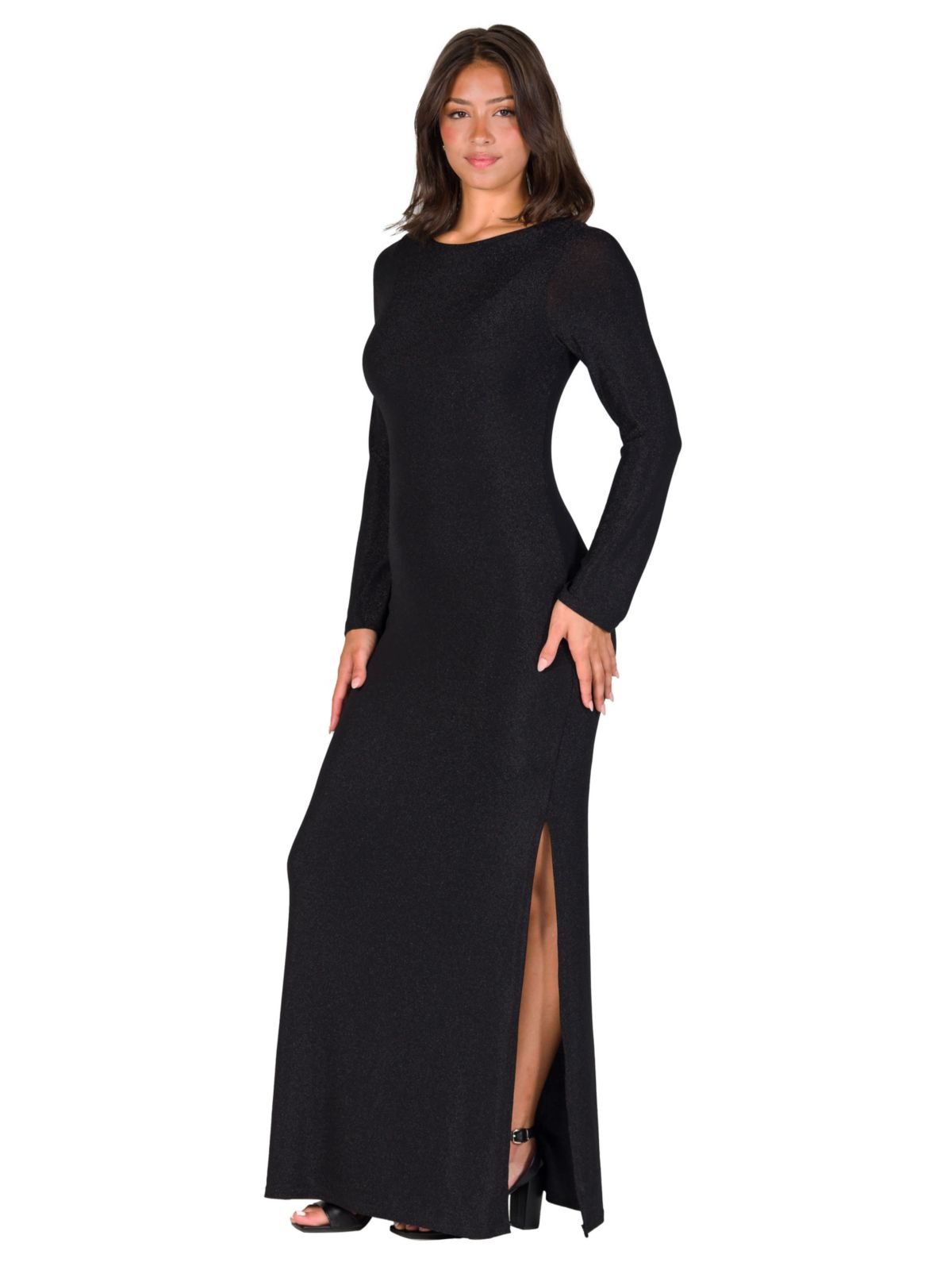 Womens Fitted Long Sleeve Shimmery Fabric Side Slit Maxi Dress